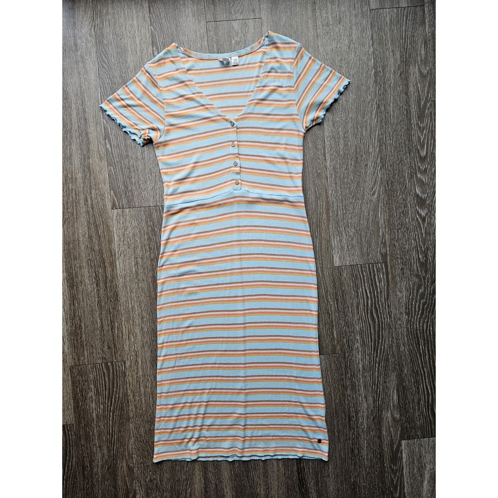 Roxy Juniors XL Bring It On Striped Dress Y2K Style Buttoned Midi Ribbed V Neck